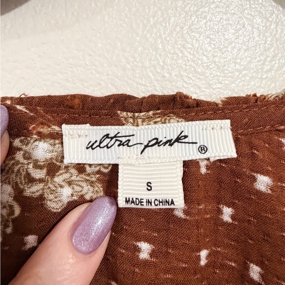 Anthropologie style Womens Brown Floral Ruffle Blouse S Cotton Swiss Dot Pintuck - Picture 9 of 14